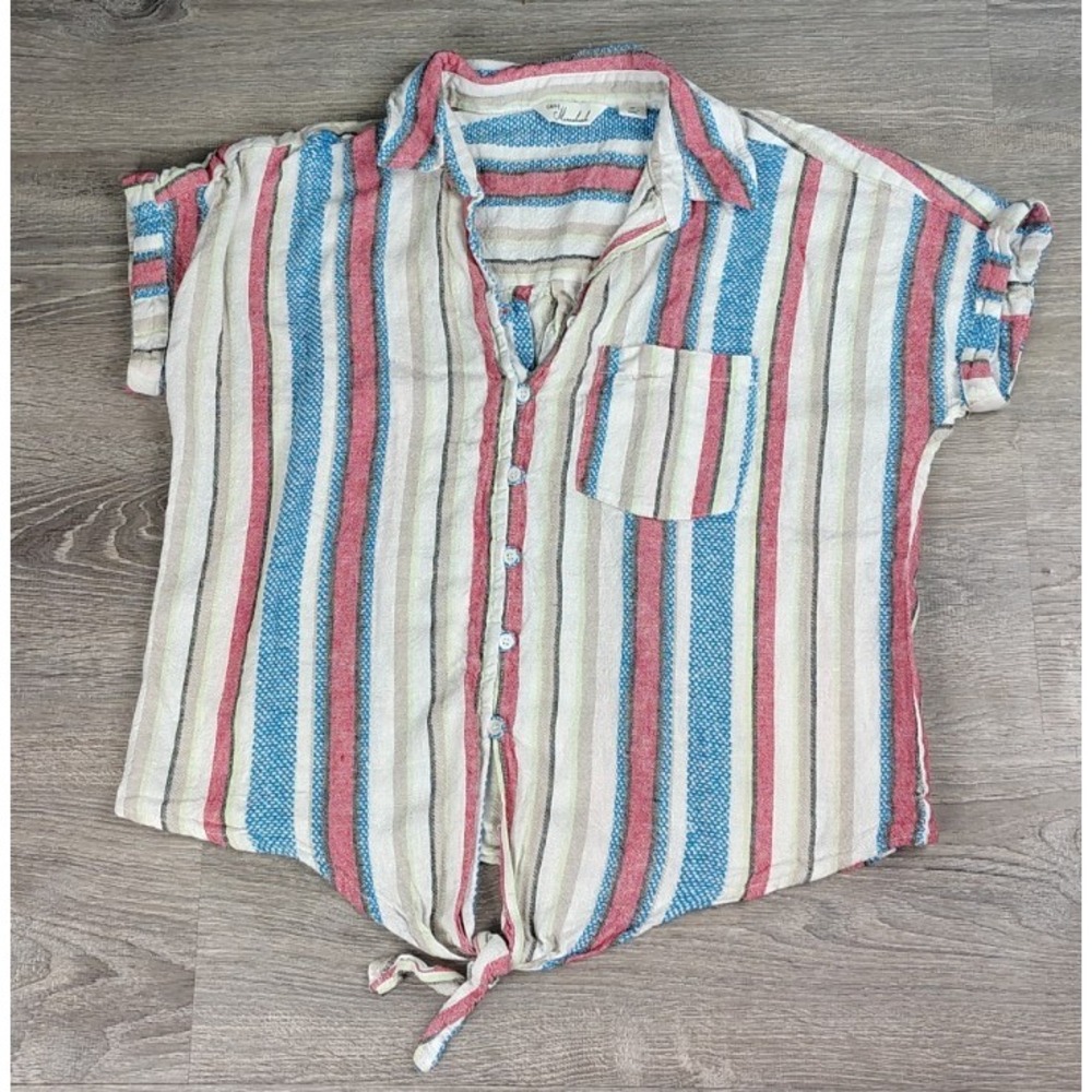 Caffe Marrakesh Colorful Striped Button Up M Short Sleeve Linen Shirt Tie Front